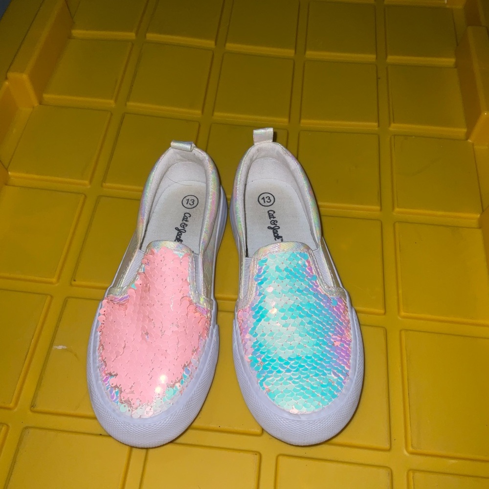 Sequins, white, and pink cat and Jack slip on shoe